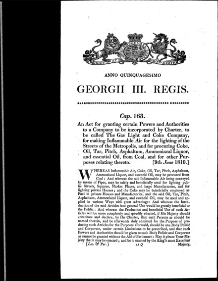 Gas Light and Coke Company Act 1810