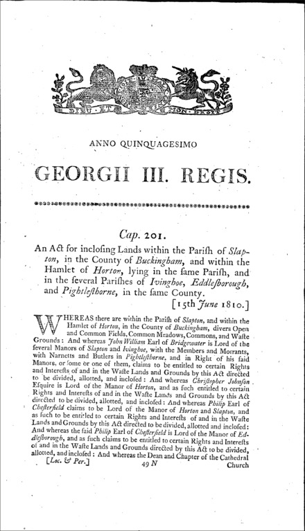 Slapton, Horton, Ivinghoe, Eddlesborough and Pightlesthorne Inclosures Act 1810