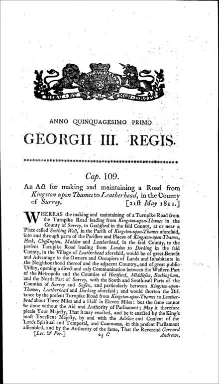 Road from Kingston-upon-Thames to Leatherhead Act 1811