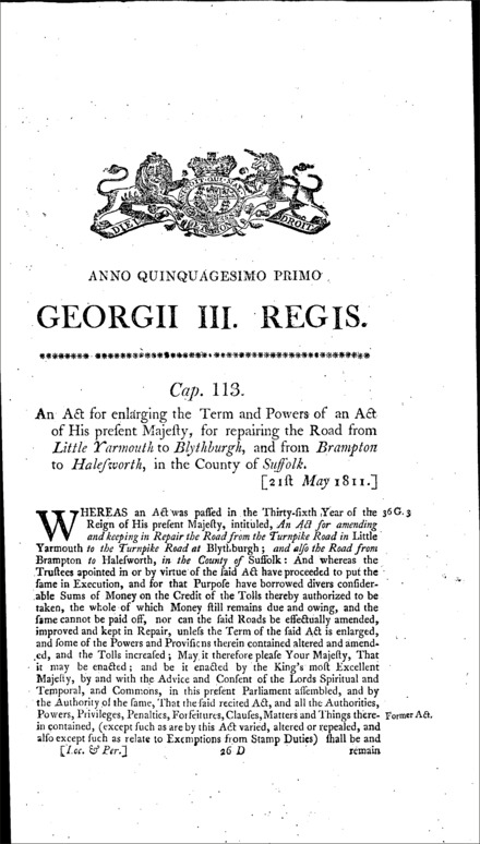 Little Yarmouth and Blythburgh and Brampton and Halesworth Roads Act 1811