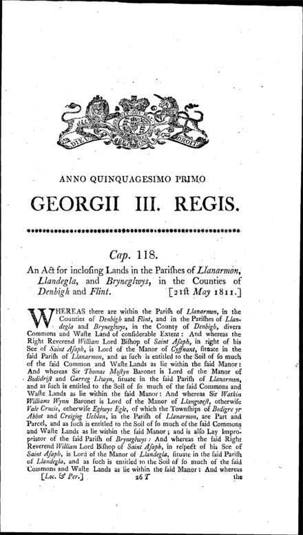 Llanarmon, Llandegla and Bryneglwys Inclosures Act 1811