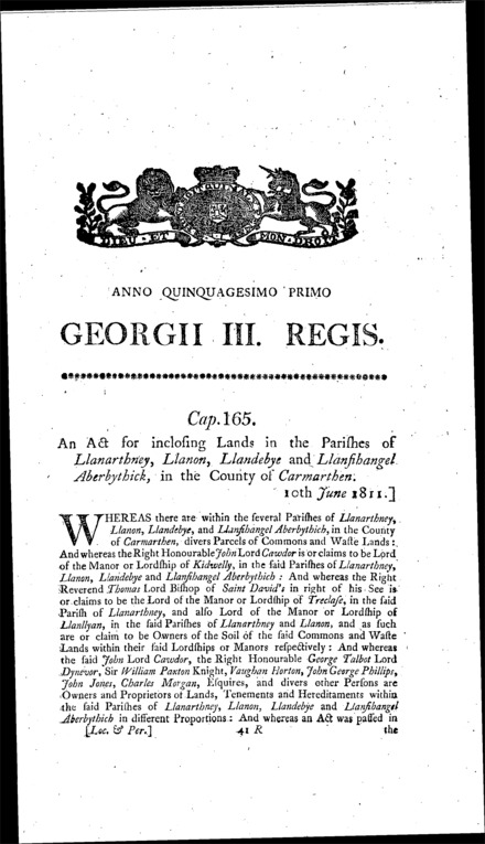 Llanarthney, Llanon, Llandebye and Llanfihangel Aberbythick Inclosures Act 1811