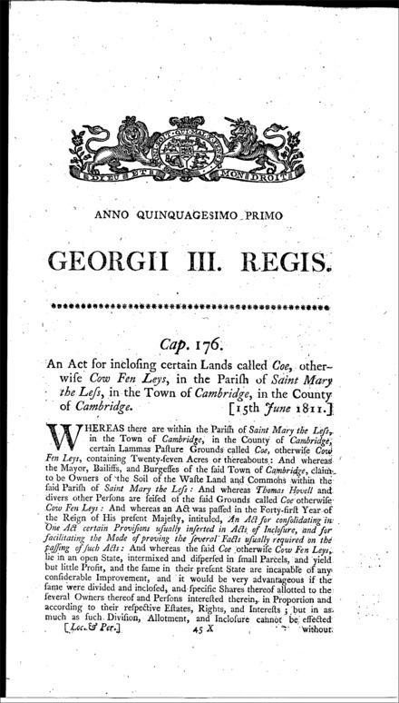 Coe or Cow Fen Leys (Cambridge) Inclosure Act 1811