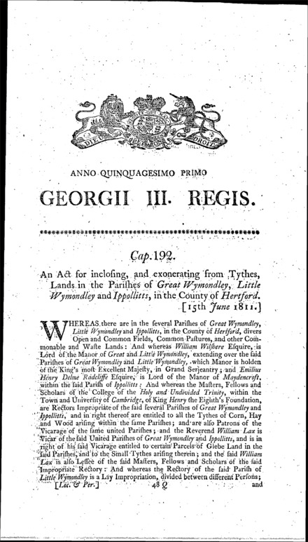 Great and Little Wymondley and Ippollitts Inclosures Act 1811