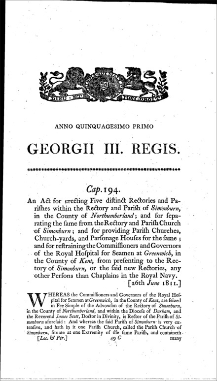 Simonburn Parishes and Rectors Act 1811