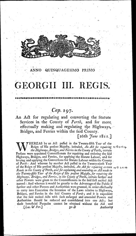 Statute Labour, Roads, Bridges and Ferries in Perthshire Act 1811
