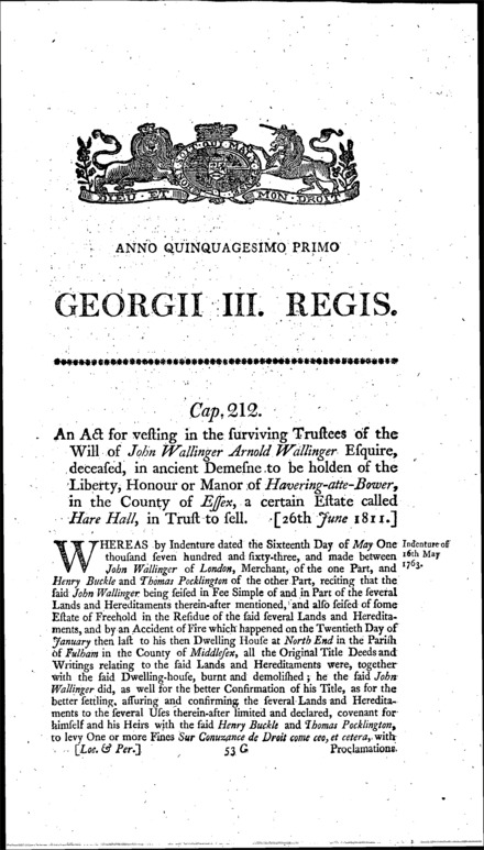 Wallinger's Estate Act 1811