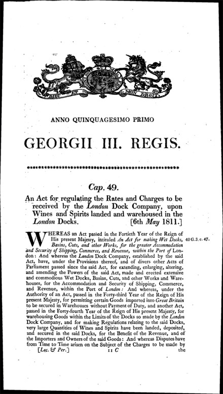 London Dock Company's Rates (Wines and Spirits) Act 1811