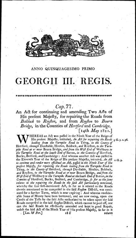 Baldock, Royston and Bourn Bridge Roads Act 1811