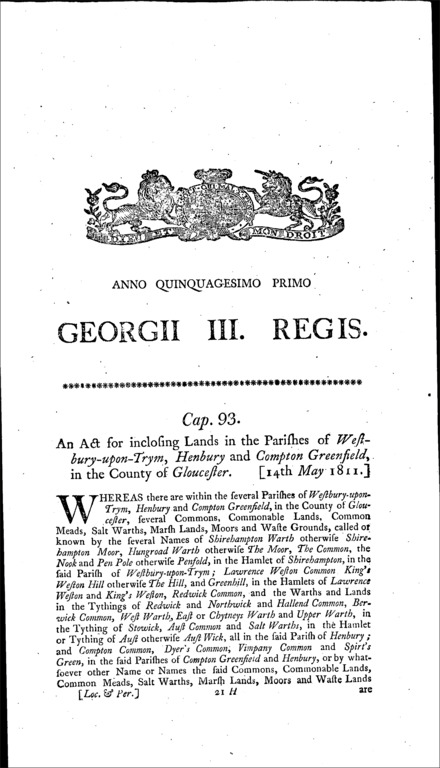 Westbury-upon-Trym, Henbury and Compton Greenfield Inclosures Act 1811