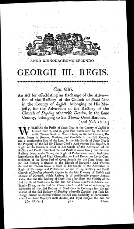 South Cove and Depding Rectories Advowson Exchange Act 1812