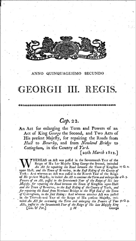 Roads from Kingston-upon-Hull to Beverley Act 1812