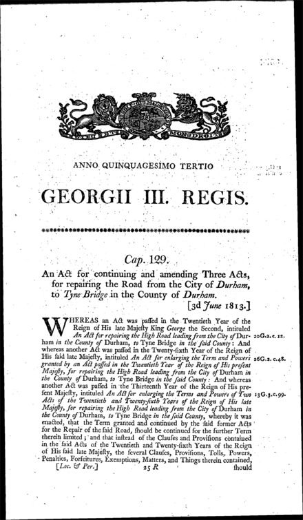 Road from Durham to Tyne Bridge Act 1813