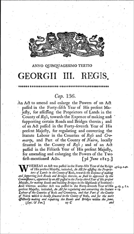 Roads, Bridges and Statute Labour in Ross and Cromarty Act 1813