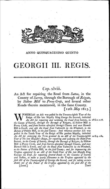 Sutton (Surrey), Reigate and Povey Cross Road Act 1815