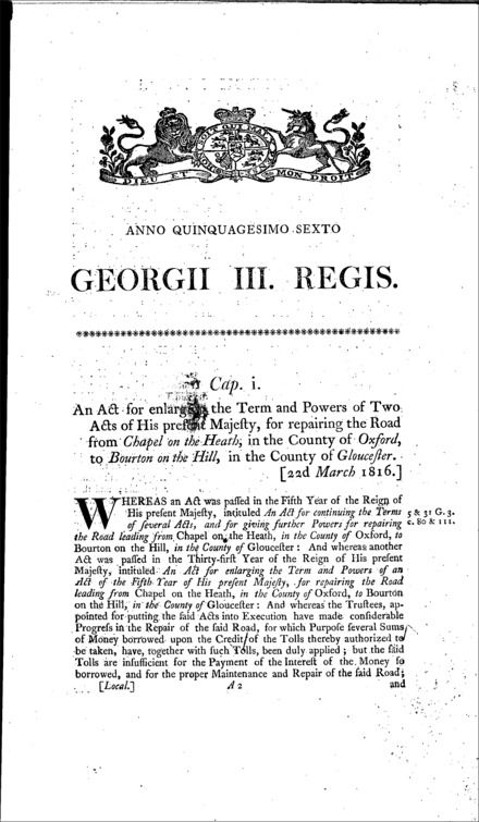 Chapel on the Heath (Oxfordshire) and Bourton on the Hill Road Act 1816