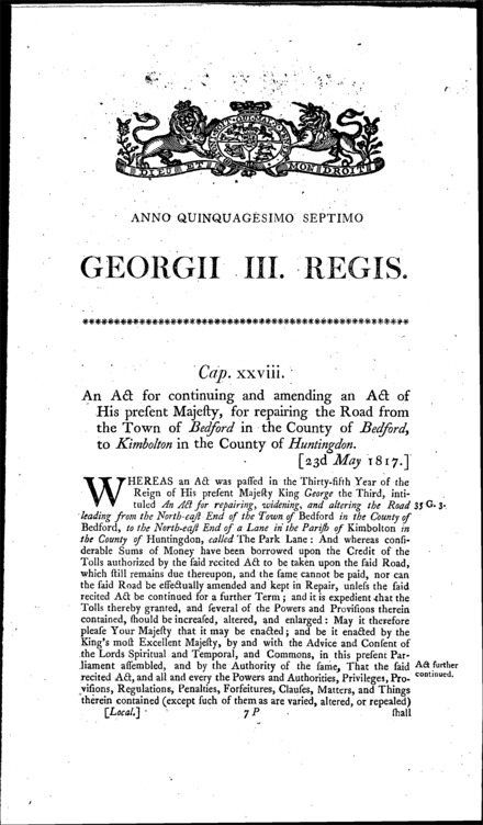 Bedford and Kimbolton Road Act 1817