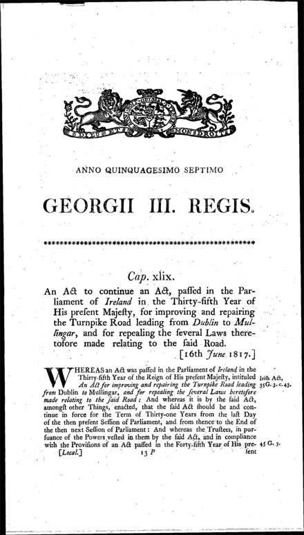 Dublin and Mullingar Turnpike Road Act 1817
