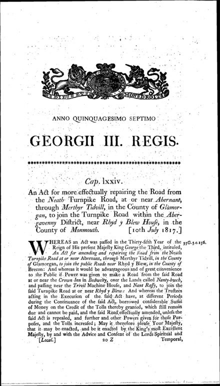 Abernant and Abergavenny Road Act 1817