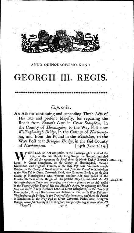 Great Staughton and Wellingborough and Kimbolton and Brinton Bridge Roads Act 1819
