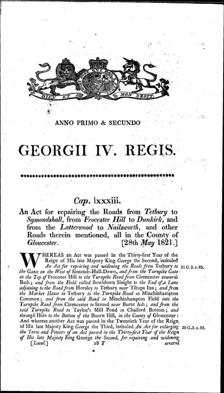 Roads from Tetbury, Frocester Hill and from Latterwood Act 1821