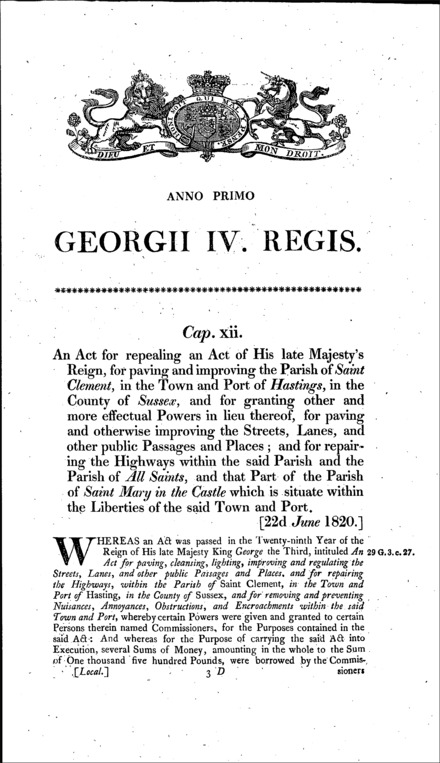 Hastings Improvement Act 1820