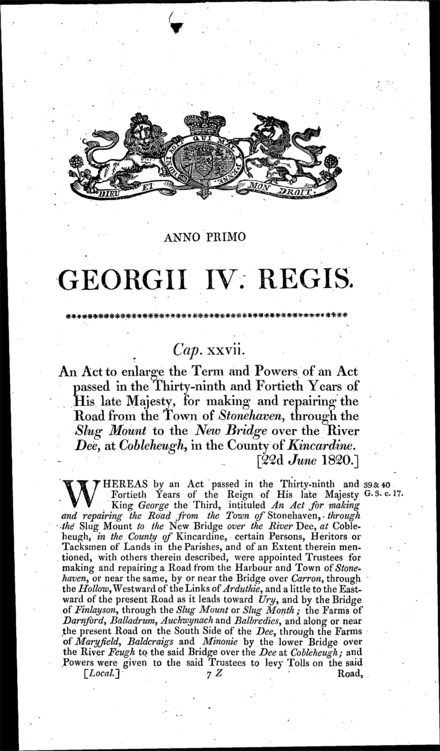 Stonehaven and Cobbleheugh Road (Aberdeen) Act 1820