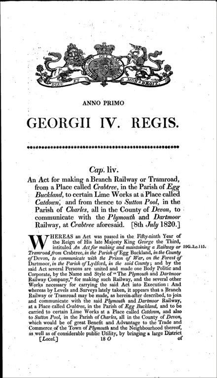 Plymouth and Dartmoor Railway (Crabtree and Sutton Pool Branch) Act 1820