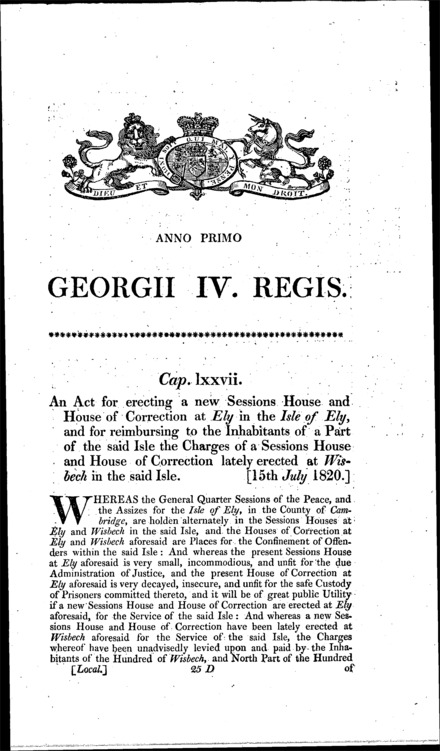 Ely Sessions House and House of Correction Act 1820