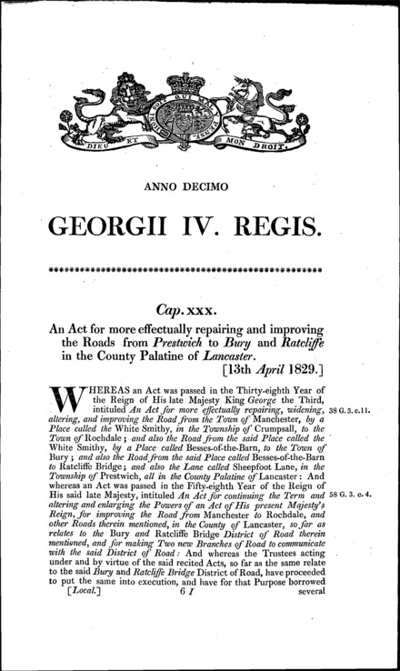 Prestwich, Bury and Radcliffe Roads Act 1829