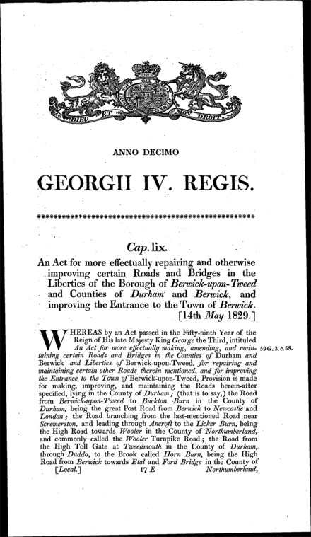 Roads and Bridges in Durham and Berwick Act 1829