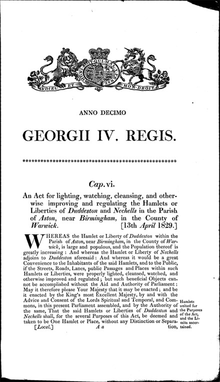 Duddeston and Nechells Improvement (Birmingham) Act 1829