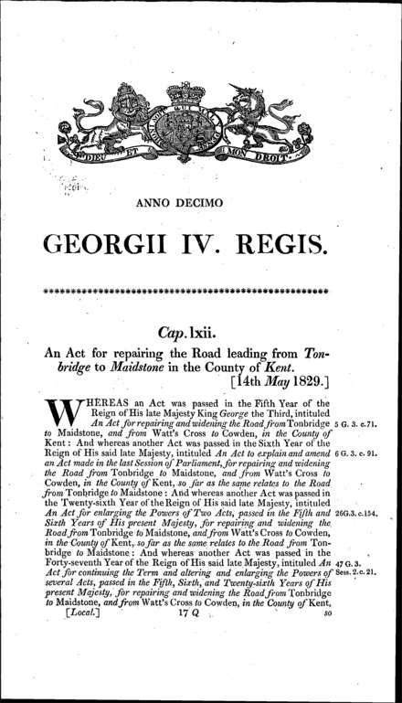 Tonbridge and Maidstone Road Act 1829