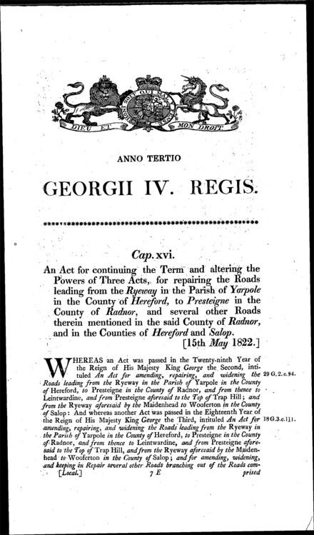 Ryeway and Presteigne Roads Act 1822