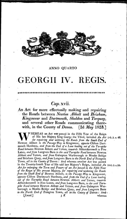 Newton Abbott and Torquay Roads Act 1823