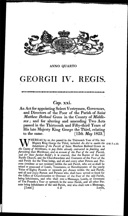 St. Matthew's Bethnal Green Parish Officers Act 1823