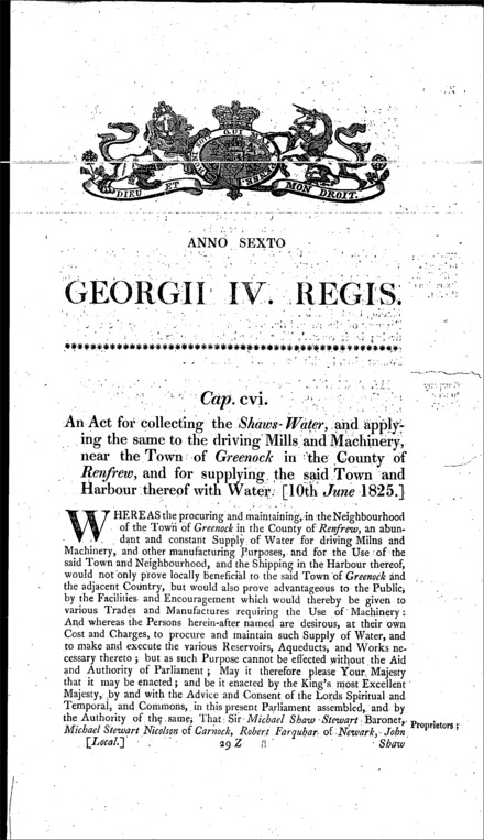 Greenock Water Act 1825