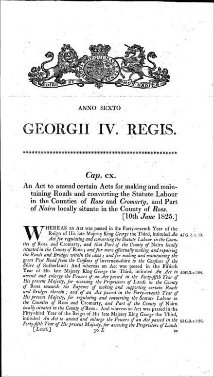 Roads, Bridges and Statute Labour in Ross, Cromarty and Nairn Act 1825