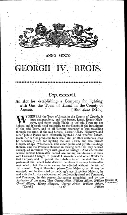 Louth Gas Company Act 1825