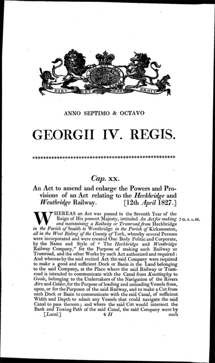 Heckbridge and Wentbridge Railway Act 1827