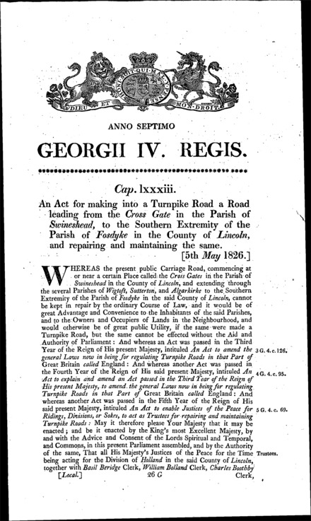 Swineshead and Fosdyke Turnpike Road (Lincolnshire) Act 1826