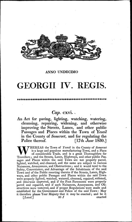 Yeovil Improvement Act 1830