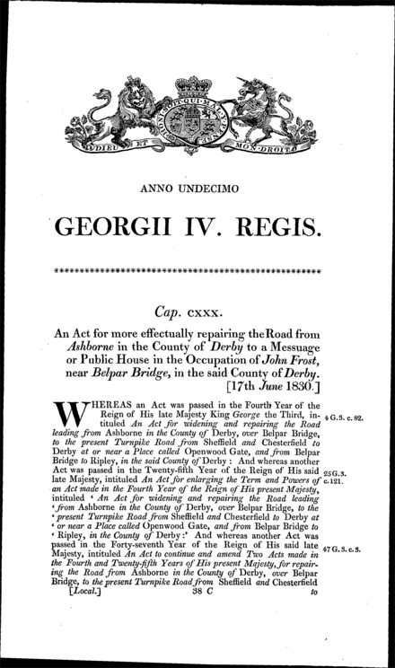 Ashbourne and Belper Bridge Road Act 1830