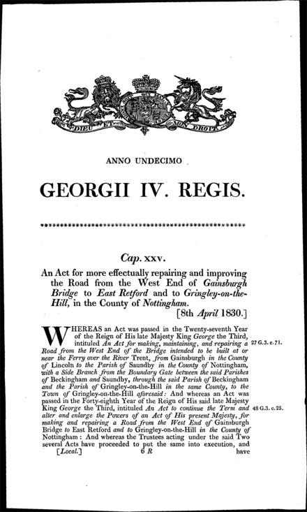 Roads from Gainsborough Bridge (Lincolnshire, Nottinghamshire) Act 1830