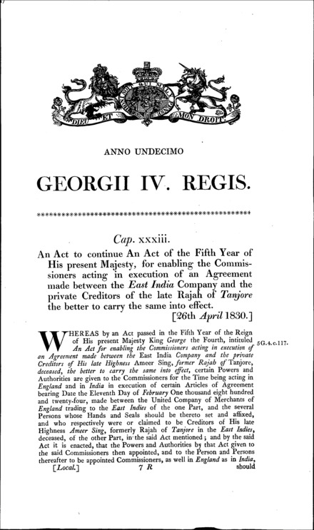 East India Company and Rajah of Tanjore Act 1830