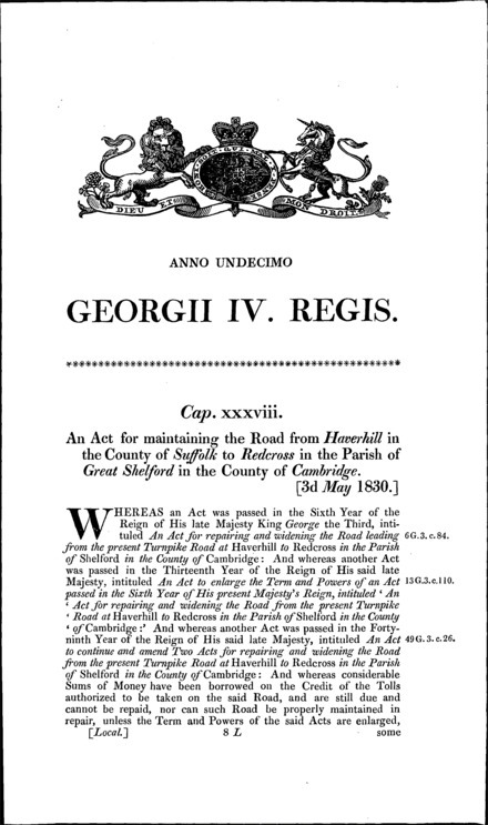 Haverhill to Redcross Road (Suffolk, Cambridgeshire) Act 1830