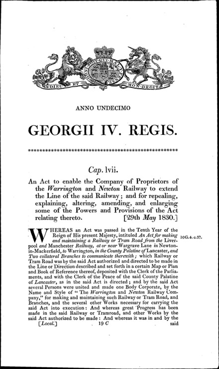 Warrington and Newton Railway Act 1830