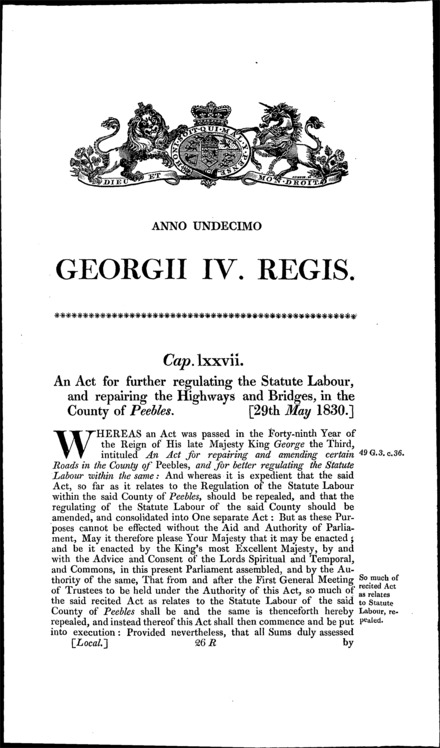 Roads, Bridges and Statute Labour in Peebles Act 1830