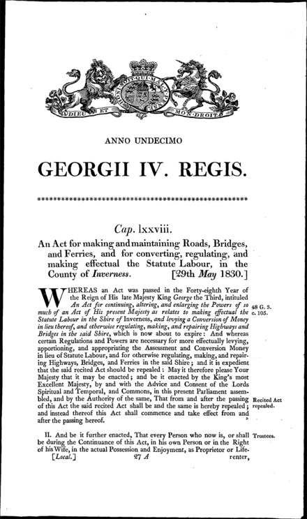 Inverness County Roads, Bridges and Ferries Act 1830