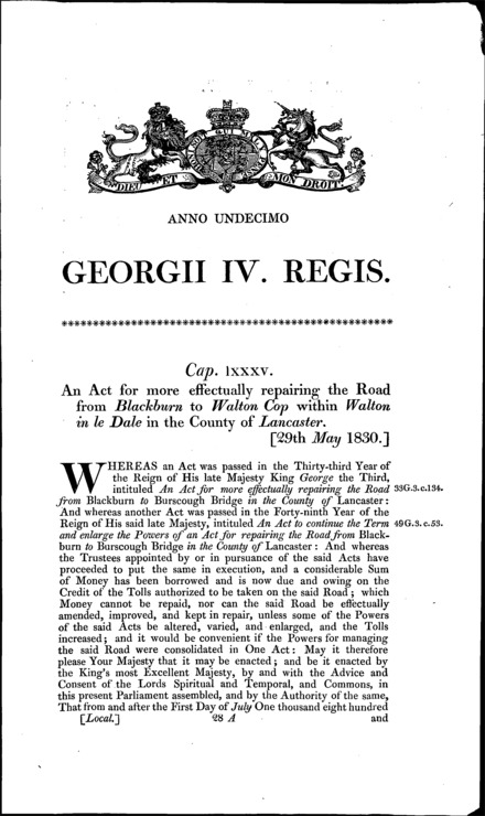 Blackburn and Walton-in-le-Dale Road Act 1830